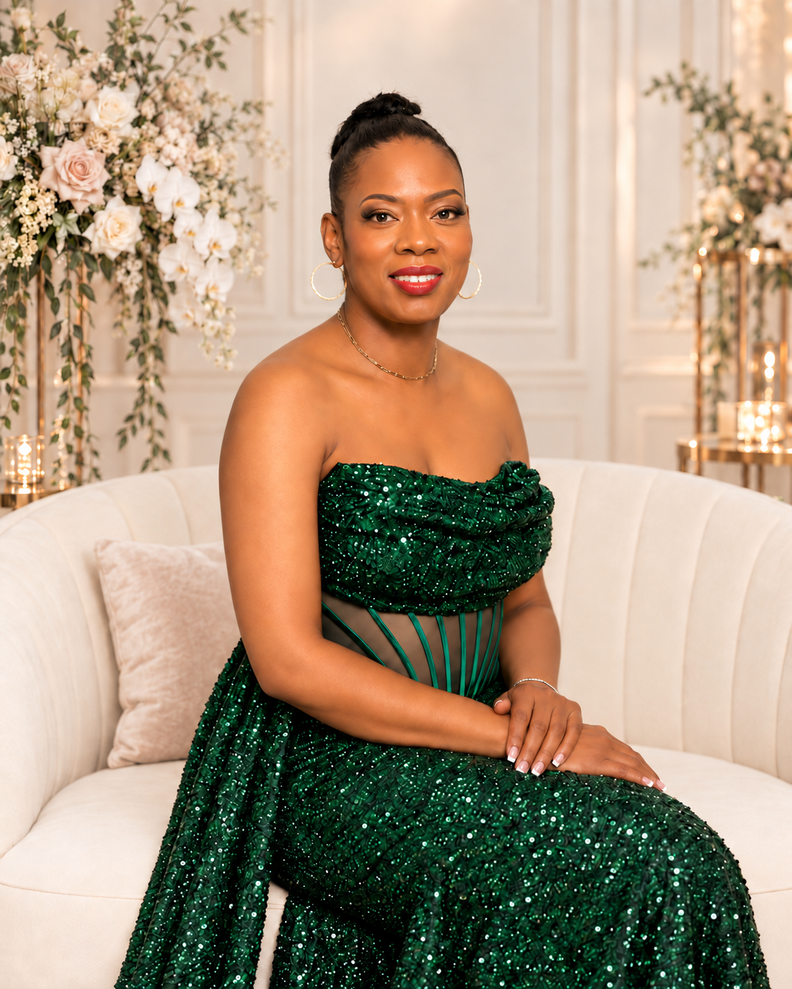 Founder and lead planner of I DO Dreams LLC seated in an elegant wedding-inspired setting
